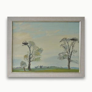 Pintura a óleo original emoldurada vintage do artista soviético ucraniano A. Builov Tons de cinza minimalistas, árvores antigas, paisagem Belas artes Únicas