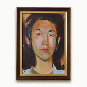 Pintura a óleo original emoldurada. Do artista soviético ucraniano O. Tkachenko. Retrato masculino vertical e detalhado impressionista. Belas artes, único em seu gênero.