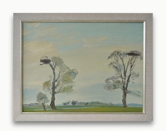 Vintage framed landscape oil painting Original framed countryside scenery with trees and stork nests Muted tone green meadow nature wall art