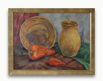 Vintage framed original oil painting. By Ukrainian Soviet artist S. Paprotskiy Impressionist hard textured kitchen Still Life One of a kind