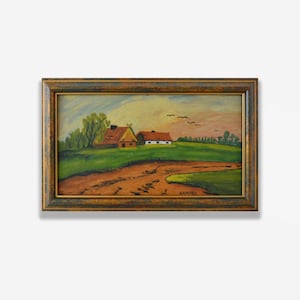 Vintage Framed Oil Painting: European Rural Sunset Landscape