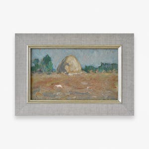 Pintura a óleo impressionista original vintage. Do artista ucraniano soviético S. Bibik. Paisagem de palheiro emoldurada com textura rígida. Única.
