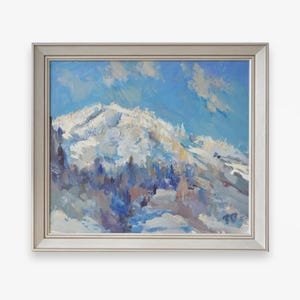 Original framed oil painting. By Ukrainian artist O. Tanasyuk. Impressionist hard textured snowy mountain landscape. Fine art One of a kind