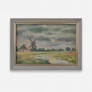 Vintage framed original oil painting. By European artist. Impressionist textured rural cloudy sunset landscape. Fine art. One of a kind