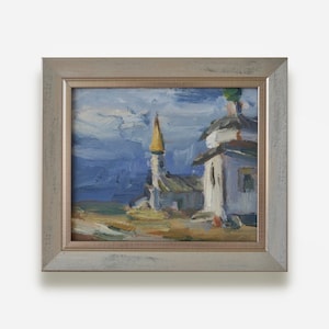 Pintura al óleo original enmarcada del artista ucraniano N. Blizhina Impresionista, paisaje de tormenta con textura de tamaño pequeño Bellas artes Única en su tipo