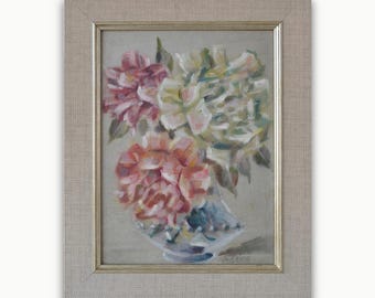 Original framed oil painting. By Ukrainian Soviet artist A. Belov Impressionist floral artwork Peonies and garden roses Still life Fine art