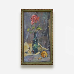 Original framed oil painting. By Ukrainian artist N. Blizhina. Impressionist textured vertical floral Still Life. Fine art. One of a kind.
