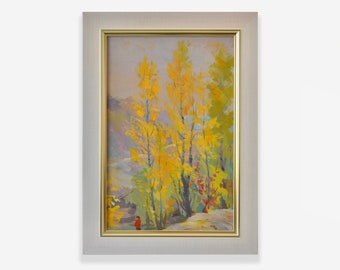 Vintage framed original gouache painting. By Soviet Ukrainian artist O. Ovcharenko. Impressionist autumn landscape. Fine art. One of a kind
