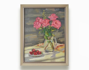 Original framed oil painting. By Ukrainian artist M. Presnyak. Impressionist vertical roses strawberries Still Life. Fine art One of a kind