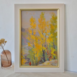 Vintage framed original gouache painting. By Soviet Ukrainian artist O. Ovcharenko. Impressionist autumn landscape. Fine art. One of a kind image 2