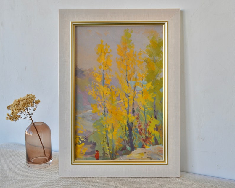 Vintage framed original gouache painting. By Soviet Ukrainian artist O. Ovcharenko. Impressionist autumn landscape. Fine art. One of a kind image 2