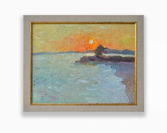 Original framed oil painting. By Ukrainian artist V. Gavrilyuk. Impressionist hard textured sunset seascape. Fine art. One of a kind.