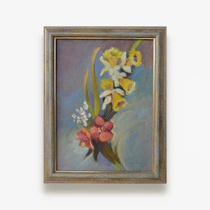 Vintage original oil painting. By European Belgian artist. Framed impressionist floral daffodils miniature. Fine art. One of a kind.