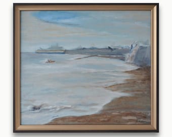 Original framed oil painting. By Ukrainian artist A. Nebo. Impressionist coastal seascape. Beach and cliffs wall art. Muted blue beach decor