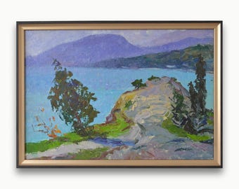 Vintage large framed original oil painting By Ukrainian Soviet artist P. Ignatiev Textured coastal landscape Impressionist sea mountain view