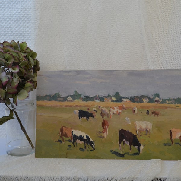 Mid Century originele olieverfschilderij. Door geëerde Sovjet kunstenaar P. Kovtun.Impressionistisch landschap met koeien in de wei. Beeldende kunst. One of a kind