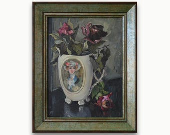 Vintage framed original oil painting By Ukrainian Soviet artist Moody dark floral Still life Detailed classical roses artwork One of a kind