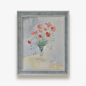 Vintage original watercolor painting. By European artist. Framed impressionist pastel colors poppies Still Life. Fine art. One of a kind.