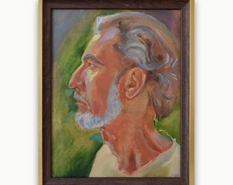 Vintage framed original oil painting. By Ukrainian artist A. Kulagina. Impressionistic male portrait. Man with beard profile fine art.
