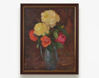 Vintage large original oil painting. By Soviet Ukrainian artist N. Makeeva. Framed impressionist roses still life. Fine art. One of a kind.