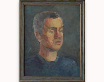 Vintage framed original oil painting. By Ukrainian Soviet artist Y. Pavlenko. Impressionist canvas male portrait. Fine art. One of a kind