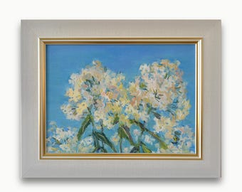 Original impressionist oil painting. By Ukrainian artist M. Presnyak. Framed textured white phlox flowers scene. Fine art. One of a kind.