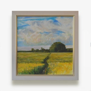Origineel groot formaat ingelijst olieverfschilderij. Door Oekraïense kunstenaar D. Ivanko. Impressionistisch heldergeel veldlandschap. Fijne kunst. Uniek in zijn soort.