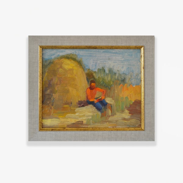 Mid Century framed original oil painting. By Soviet Ukrainian artist V. Lazarev. Impressionist textured landscape. Fine art. One of a kind