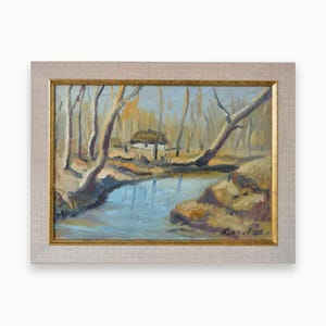 Pintura a óleo original emoldurada vintage. Do artista ucraniano soviético Belyaev. Paisagem ribeirinha texturizada impressionista Belas artes Única