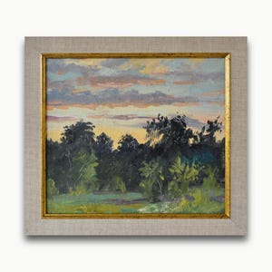 Pintura a óleo original emoldurada vintage. Do artista soviético ucraniano V. Boroshnev. Paisagem impressionista de nuvens cor-de-rosa ao pôr do sol. Única.