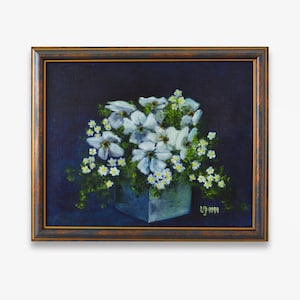 Vintage framed original oil painting. By European artist Impressionist horizontal detailed daisies violets Still Life Fine art One of a kind