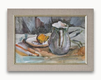 Vintage framed original watercolor painting. By Ukrainian Soviet artist S. Paprotskiy Impressionist horizontal jug Still Life One of a kind