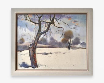 Vintage large original oil painting. By Ukrainian Soviet artist. Framed winter landscape. Impressionist snow scene. Gnarled tree fine art.