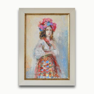 Pintura a óleo texturizada original. Do artista soviético ucraniano O. Tkachenko. Retrato impressionista de uma menina emoldurada com uma coroa de flores. Único.