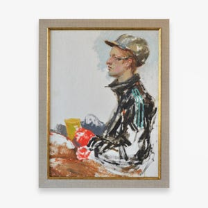 Pintura al óleo vertical original. Del artista ucraniano soviético O. Tkachenko. Retrato impresionista de un hombre sentado enmarcado. Obra de arte. Única en su tipo.