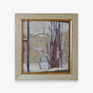Pintura a óleo texturizada original. Do artista ucraniano V. Gavrilyuk. Janela emoldurada impressionista com vista para a paisagem urbana de inverno. Belas artes Únicas
