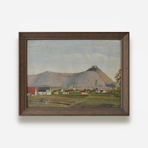 Pintura al óleo original vintage. Por artista europeo. Granja impresionista enmarcada detallada junto al paisaje de montaña. Arte fino. Único en su clase.