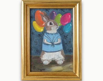 Origineel ingelijst olieverfschilderij. Door de Oekraïense kunstenaar M. Presnyak. Impressionistisch gedetailleerd klein konijntje met ballonkunst. Uniek in zijn soort.