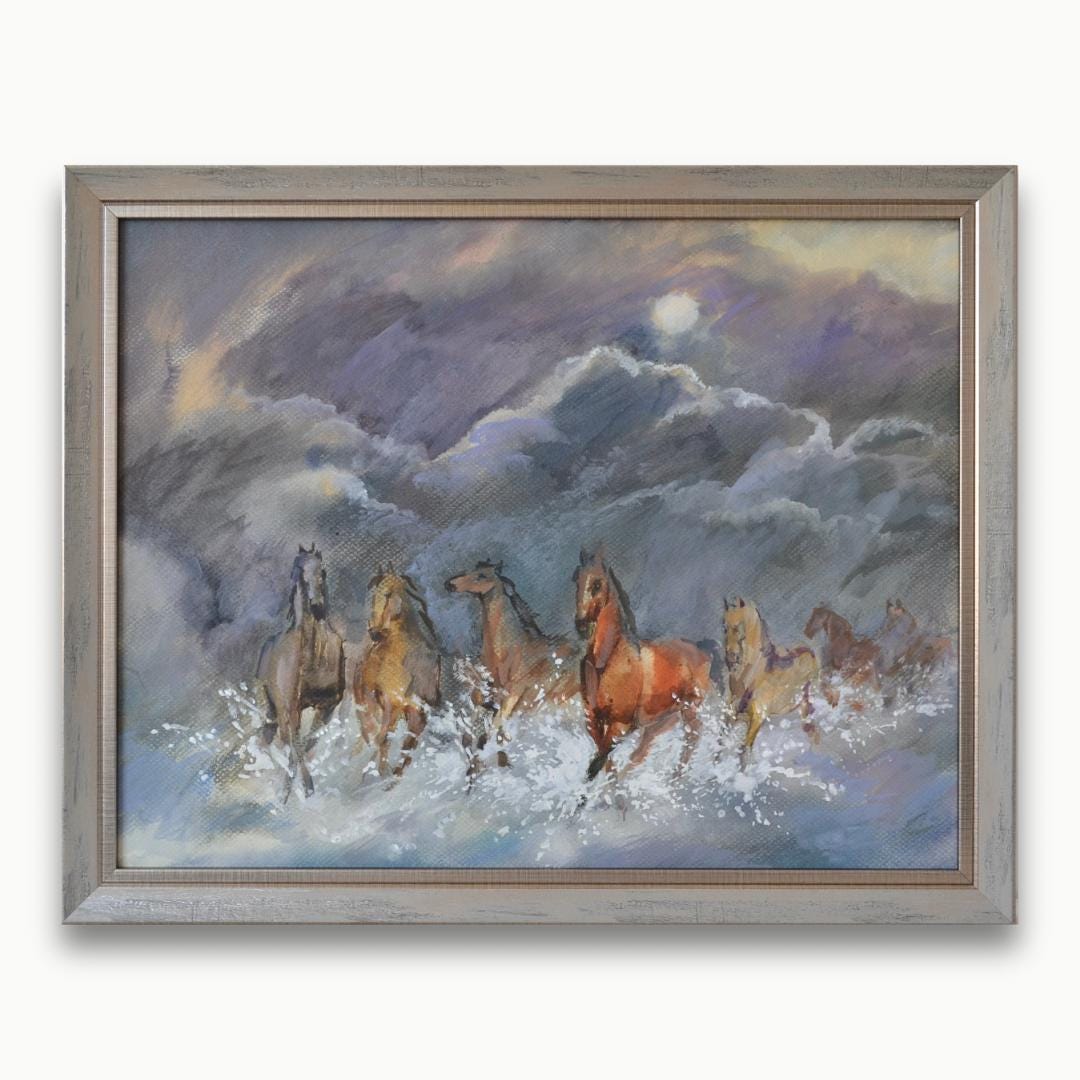 Vintage impressionistische aquarel: rennende paarden zeegezicht, ingelijst