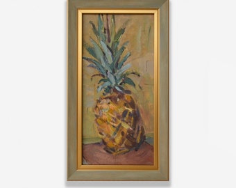 Original framed oil painting. By Ukrainian artist N. Blizhina. Impressionist vertical textured pineapple Still Life. Fine art One of a kind