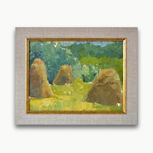 Pintura a óleo original emoldurada vintage do artista ucraniano soviético Ryback Paisagem impressionista de pilha de feno de verão com textura dura Única