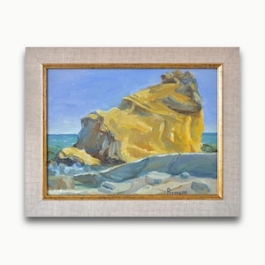 Original framed oil painting. By Ukrainian artist M. Presnyak Impressionist horizontal textured rocky shore seascape Fine art One of a kind.