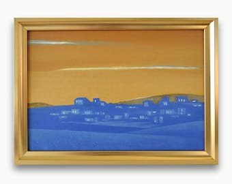 Original framed oil painting. By modern Ukrainian artist N. Paprotskiy. Minimalist yellow and blue colors cityscape. Fine art One of a kind
