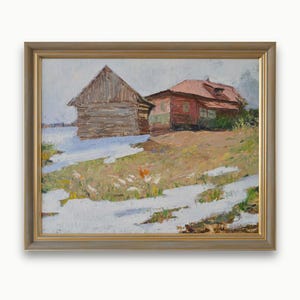 May include: A painting of two wooden houses in a rural setting. The house on the left is a simple, weathered structure, while the house on the right is painted red with a white trim. The houses are surrounded by a field of green grass and white snow. A rooster is visible in the foreground.