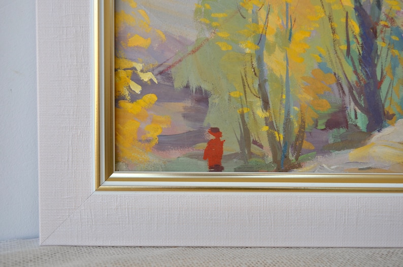 Vintage framed original gouache painting. By Soviet Ukrainian artist O. Ovcharenko. Impressionist autumn landscape. Fine art. One of a kind image 5