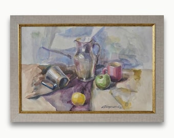 Vintage framed watercolor painting. By Ukrainian Soviet artist S. Paprotskiy. Impressionist horizontal kitchen Still Life. One of a kind