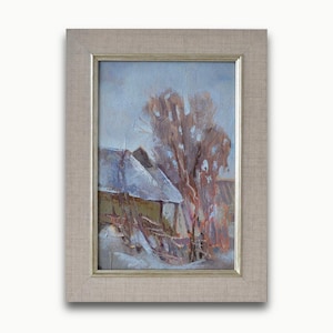 Pintura al óleo original enmarcada vintage del ucraniano soviético S. Paprotskiy impresionista paisaje rural invernal vertical Bellas artes Única en su tipo