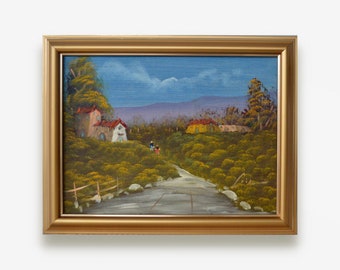 Mid Century original oil painting. By European artist. Realist detailed rural landscape with houses by mountains. Fine art. One of a kind.