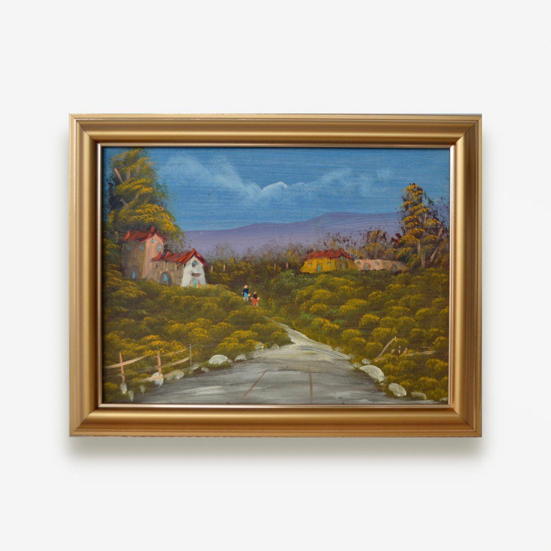 Mid Century original oil painting. By European artist. Realist detailed rural landscape with houses by mountains. Fine art. One of a kind.