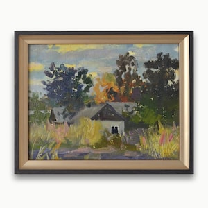 Pintura al óleo original vintage enmarcada. Del artista soviético ucraniano V. Boroshnev. Paisaje rural estival impresionista. Obra de arte única.